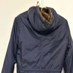 Bella rose reversible, navy blue and faux fur jacket with hood and pockets